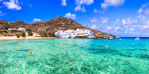 Greek summer holidays. Best beaches of Ios island - Mylopotas with crystal clear waters. Creece,...