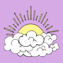 Sunrise. The sun appears from behind the clouds. The radiance of a heavenly star. Hand drawn vector flat art illustration. Contour line. Ready to use card.
