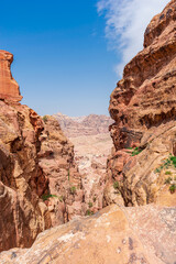 Fototapeta premium Jordan, trail in the mountains of Petra, daytime landscape on a sunny bright day