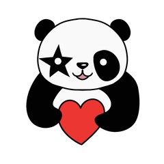 Cute cute panda with a heart in his hands. Hand drawn vector black and white icon. Modern style illustration for apparel, print, labels, stickers, surface design. White background.