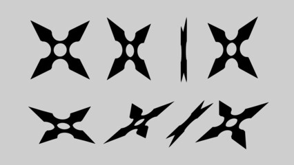 3D rendering illustration of shuriken ninja stars for web and print template. Shuriken (throwing star), traditional japanese ninja cold weapon flying in different perspectives on a grey background