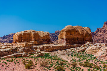 Jordan, mountains around the city of Petra, daytime landscape on a sunny bright day