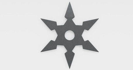 3D rendering illustration of shuriken ninja stars for web and print template. Shuriken (throwing star), traditional japanese ninja cold weapon flying in different perspectives on a grey background © Leon