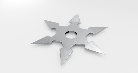 3D rendering illustration of shuriken ninja stars for web and print template. Shuriken (throwing star), traditional japanese ninja cold weapon flying in different perspectives on a grey background © Leon