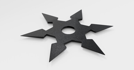 3D rendering illustration of shuriken ninja stars for web and print template. Shuriken (throwing star), traditional japanese ninja cold weapon flying in different perspectives on a grey background