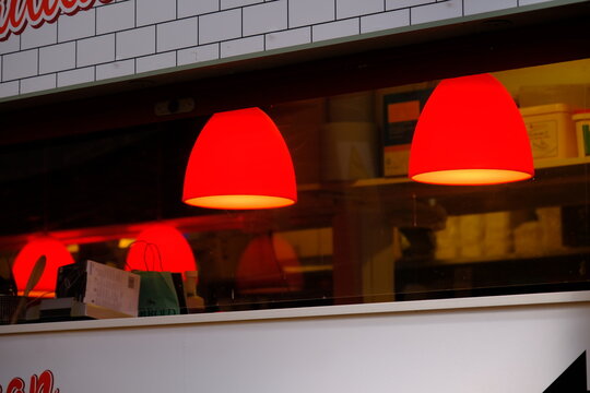 Lamps In Restaurant From Outside. Norwich Market UK 