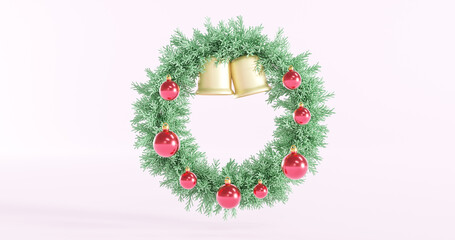 3D Christmas wreath made of Christmas branches, decorated with red ornament and golden bells. Isolated on a plain background. Realistic 3D render decoration