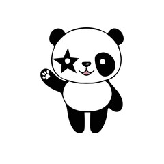 A friendly cute panda waves its paw. Hand drawn vector black and white icon. Modern style illustration for apparel, print, labels, stickers, surface design. White background.