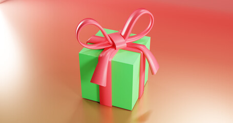 Green christmas gift box with red ribbon on a colorful background. Concept for holidays and events. 3D rendering