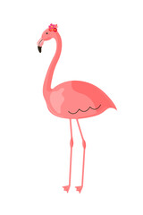 Flat pink flamingo isolated on white background. Template for card, fashion, poster, banner, invitation, greeting. Vector illustration