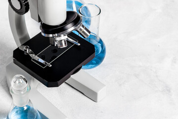 Close up of microscope equipment. Laboratory research concept