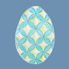 Easter egg with a pattern. Drawing with colored pencils by hand. Abstraction. Isolate. On a blue indigo background. Rhombuses, oriental pattern.