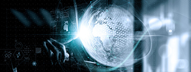Businesswoman hand touchs global network,futuristic technology background,Global business,IoT...