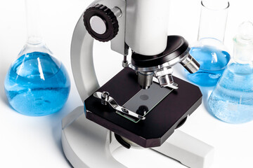Research in medical laboratory with microscope equipment, close up