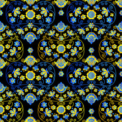 Seamless pattern based on Ukrainian embroidery on black background. Vector stylized ornament in Ukrainian style in yellow and blue as on the Ukrainian flag.