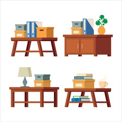 Set of coffee tables with office supplies, cardboard boxes, documents and a cup of coffee.