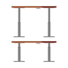 Electric ergonomic sit and stand work computer desk in low and height position. Isometric vector illustration in flat design style. Isolated on white background.