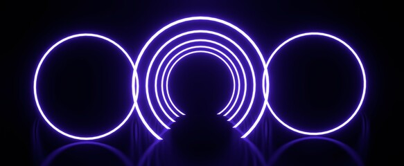 Neon circles frame with futuristic reflection. Round blue electric banner with 3d render glow and digital highlights on dark surface. Digital cyber billboard with lighting and synthwave design