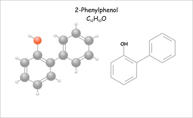 Stylized molecule model/structural formula of 2-Phenylphenol. Use as component in surface disinfectants.