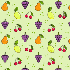 Fruit and berry pattern wuth green background