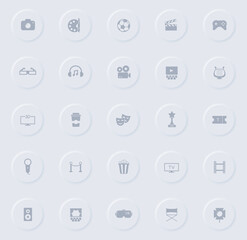 entertainment gray vector icons on round rubber buttons. entertainment icon set for web, mobile apps, ui design and promo business polygraphy