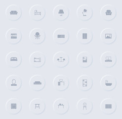 furniture gray vector icons on round rubber buttons. furniture icon set for web, mobile apps, ui design and promo business polygraphy