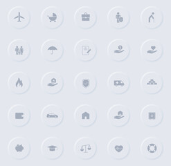 insurance gray vector icons on round rubber buttons. insurance icon set for web, mobile apps, ui design and promo business polygraphy
