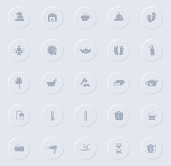 sauna gray vector icons on round rubber buttons. sauna icon set for web, mobile apps, ui design and promo business polygraphy
