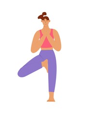 Woman practicing yoga tree pose vrikshasana. Flat vector illustration, isolated character