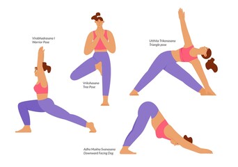 Set of yoga asanas, poses. Woman practicing yoga. Flat vector illustration, isolated characters