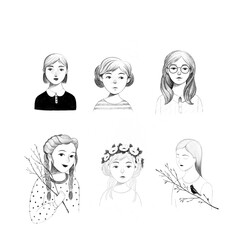 set of faces, illustrations of  women portraits characters 