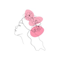 Abstract poster with minimal female face with flowers. One line drawing style