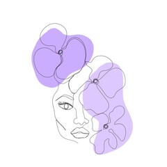 Abstract poster with minimal female face with flowers. One line drawing style