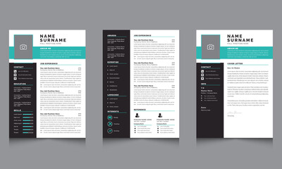 Fototapeta na wymiar Creative Resume CV Layout Set with Photo Black Sidebar and Blue Header