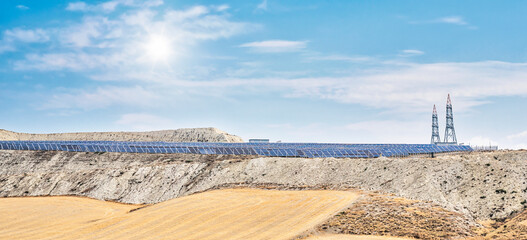 Panorama of solar power plant. Green energy concept.