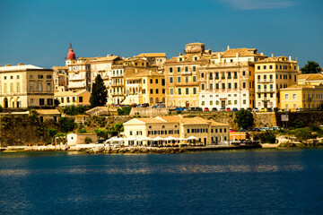 corfu city port and houses view from ship greece