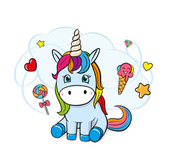 Vector Cute Cartoon Unicorns Ice Cream Heart Candy Cloud Stars