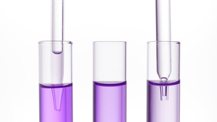 Detail shot of three test tubes with purple transparent fluid with chemical droppers sticked into them on white background | Abstract skin care cosmetics formulation concept