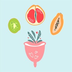Grejpfrut fruit, Papaya fruit and Kiwifruit.  Vector illustration with menstrual cup and flowers and leaves. Eco protection for woman in critical days. Women period. Intimate hygiene. - obrazy, fototapety, plakaty