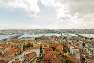 Beautiful panorama of the historical city of Istanbul from the Galata Tower. Breathtaking panoramic view of the ancient city of Istanbul with historical sights and marble sea. 