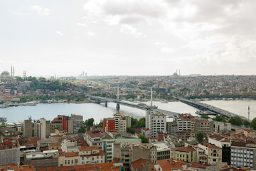 Beautiful panorama of the historical city of Istanbul from the Galata Tower. Breathtaking panoramic view of the ancient city of Istanbul with historical sights and marble sea. 