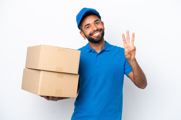 Delivery Brazilian man isolated on white background happy and counting three with fingers