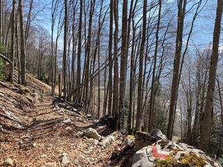 Mountaineering signposts and markings around the Klöntalersee reservoir lake (or Kloentalersee) and on the slopes of the Klöntal alpine valley (or Kloental) - Canton of Glarus, Switzerland (Schweiz)