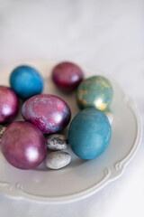 Festive breakfast with easter eggs on white background