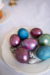Festive breakfast with easter eggs on white background