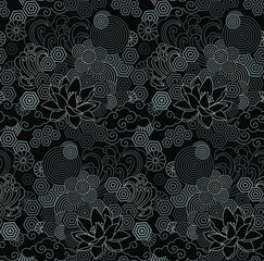 Lotos. Floral Black and White Geometric Seamless Pattern. 