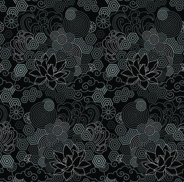 Lotos. Floral Black and White Geometric Seamless Pattern. 