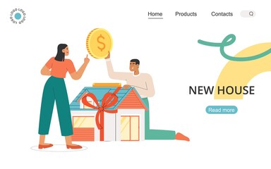 Flat vector illustration with happy young family invests in a house. Concept of purchase, rent, mortgage, home loan.