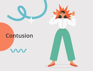 Flat vector illustration with female character experiencing anxiety, headaches, depression, panic attack or emotional problems. Brain injury or contusion.