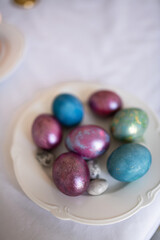 Festive breakfast with easter eggs on white background